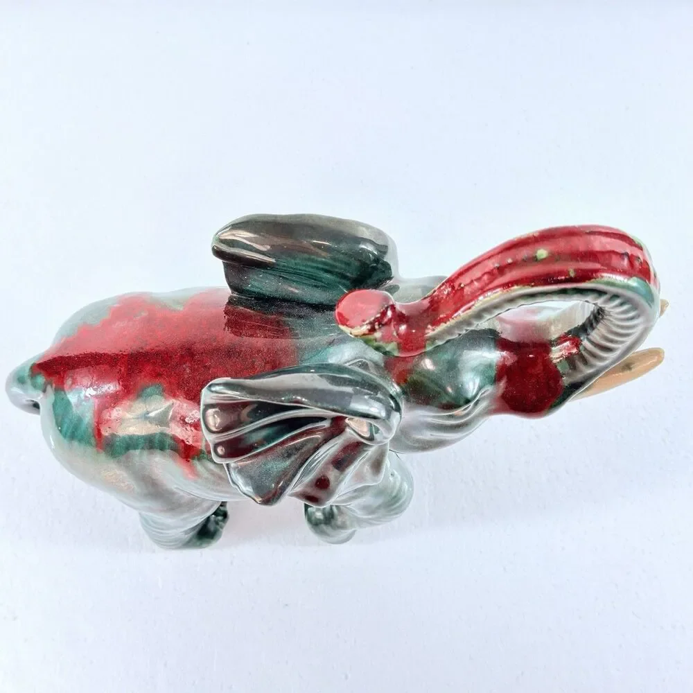 Vtg 1950's Ceramic Art Pottery Elephant Figurine Lucky Trunk Up Green Red Glaze